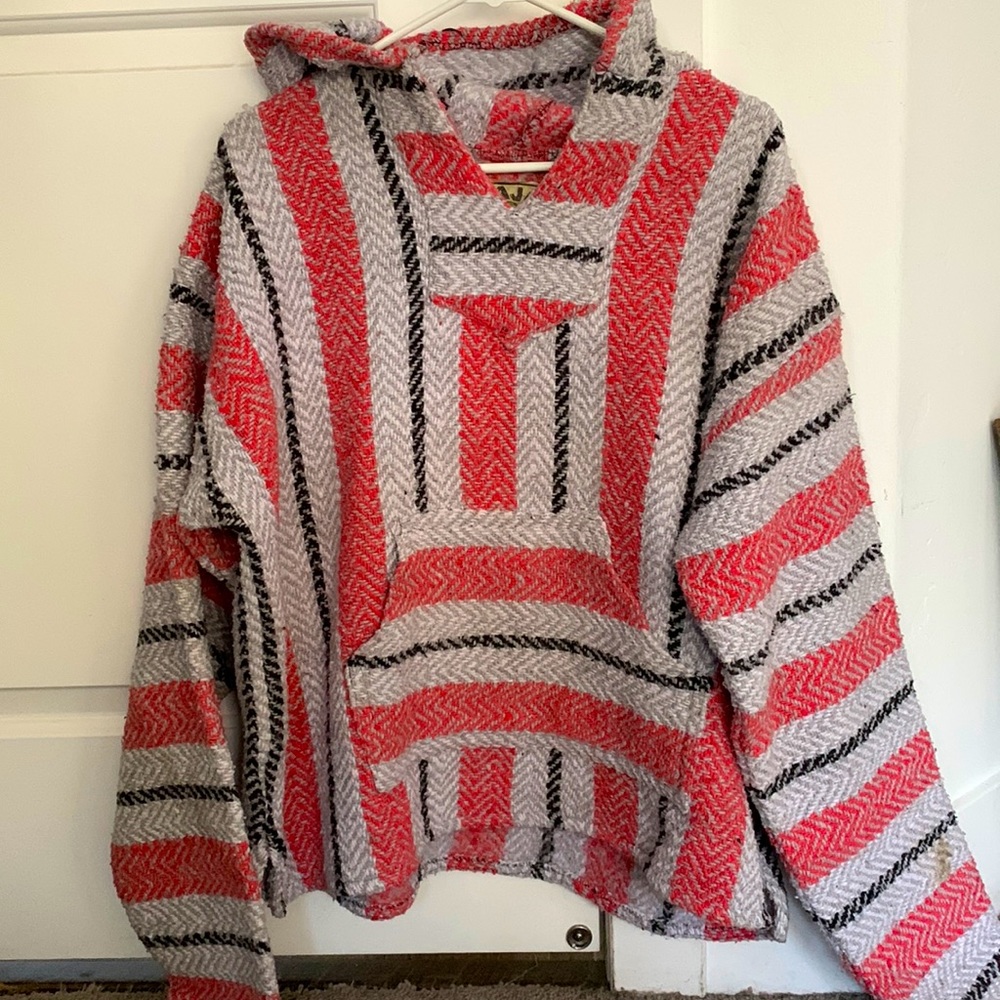 BAJA JOE STRIPED PULLOVER HOODED PONCHO “drug rug” “Mexican hoodie” “surfer”